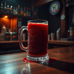 A beer mug overflowing with bright red blood, placed prominently on a polished wooden bar counter