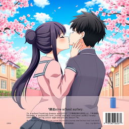 The back cover of an anime school love story, featuring a vivid illustration of the female lead, a 12th grader with her long black hair tied back, gently kissing the male lead, a 10th grader with straight, non-spiky black hair