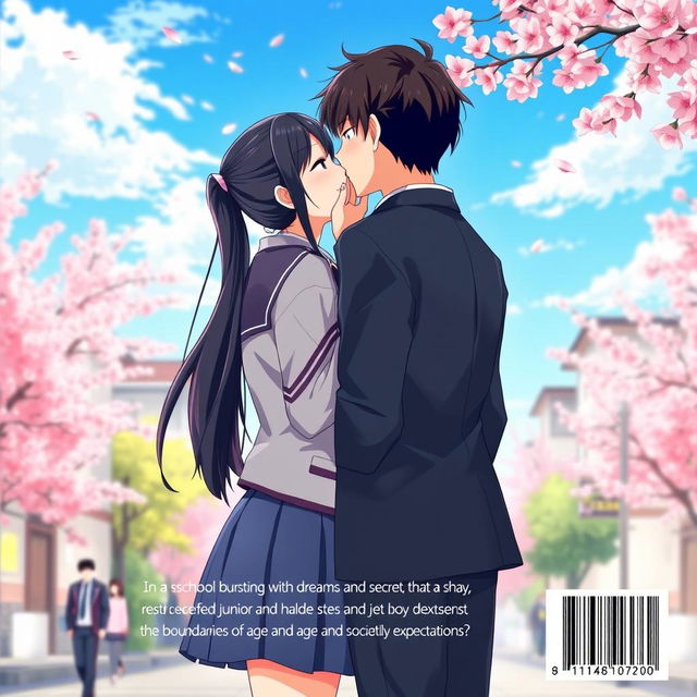 The back cover of an anime school love story, featuring a vivid illustration of the female lead, a 12th grader with her long black hair tied back, gently kissing the male lead, a 10th grader with straight, non-spiky black hair