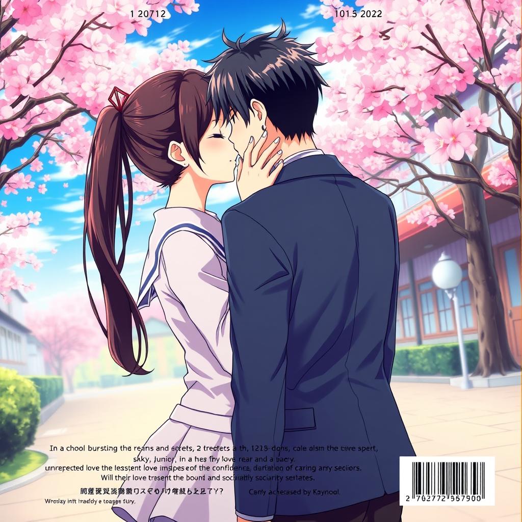 The back cover of an anime school love story, featuring a vivid illustration of the female lead, a 12th grader with her long black hair tied back, gently kissing the male lead, a 10th grader with straight, non-spiky black hair