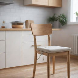 Scene featuring a wooden dining chair with a foam seat cushion and ties for securing in place in the foreground, and another similar chair blurred in the background, all set within a kitchen environment