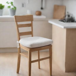 Scene featuring a wooden dining chair with a foam seat cushion and ties for securing in place in the foreground, and another similar chair blurred in the background, all set within a kitchen environment