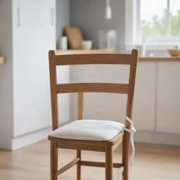 Scene featuring a wooden dining chair with a foam seat cushion and ties for securing in place in the foreground, and another similar chair blurred in the background, all set within a kitchen environment