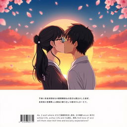 The back cover of an anime school love story, beautifully illustrating the female lead, a 12th grader with her long black hair tied back and wearing round glasses, kissing the male lead, a 10th grader with smooth black hair that lies flat against his head