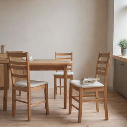 Two wooden dining chairs with foam seat cushions and ties, set within a warm and inviting kitchen environment.