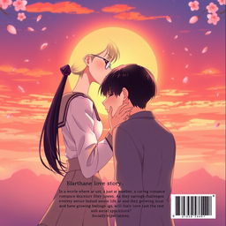The back cover of an anime school love story, beautifully illustrating the female lead, a 12th grader with her long black hair tied back and wearing round glasses, kissing the male lead, a 10th grader with smooth black hair that lies flat against his head