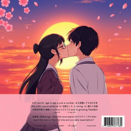 The back cover of an anime school love story, beautifully illustrating the female lead, a 12th grader with her long black hair tied back and wearing round glasses, kissing the male lead, a 10th grader with smooth black hair that lies flat against his head