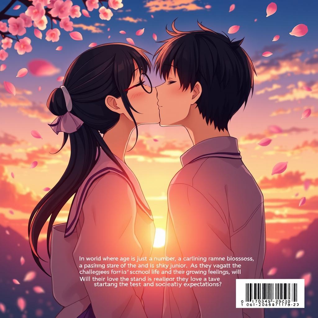 The back cover of an anime school love story, beautifully illustrating the female lead, a 12th grader with her long black hair tied back and wearing round glasses, kissing the male lead, a 10th grader with smooth black hair that lies flat against his head