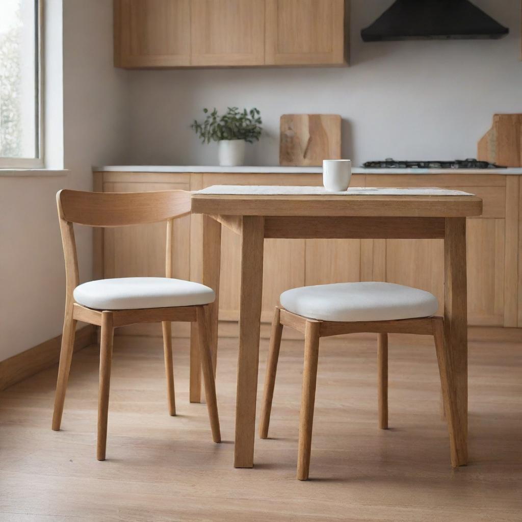 Two wooden dining chairs with foam seat cushions and ties, set within a warm and inviting kitchen environment.