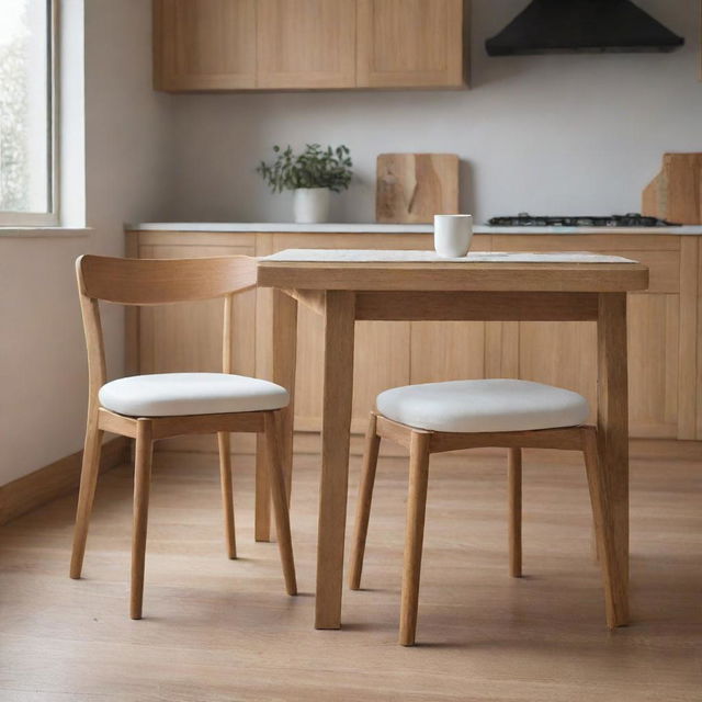 Two wooden dining chairs with foam seat cushions and ties, set within a warm and inviting kitchen environment.