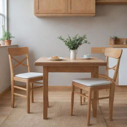 Two wooden dining chairs with foam seat cushions and ties, set within a warm and inviting kitchen environment.