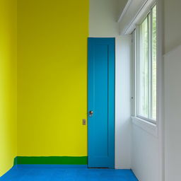 A 12x12 room with a single door and one side window. The front wall is painted in pure yellow, the remaining three walls are green, and the floor is blue.