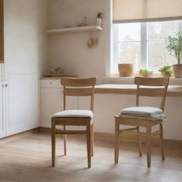 Two wooden dining chairs with foam seat cushions and ties, set within a warm and inviting kitchen environment.