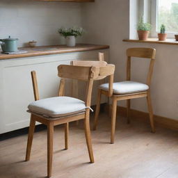 Two wooden dining chairs with foam cushions and ties, in a cosy, vintage kitchen setting with a natural ambiance.