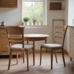 Two wooden dining chairs with foam cushions and ties, in a cosy, vintage kitchen setting with a natural ambiance.