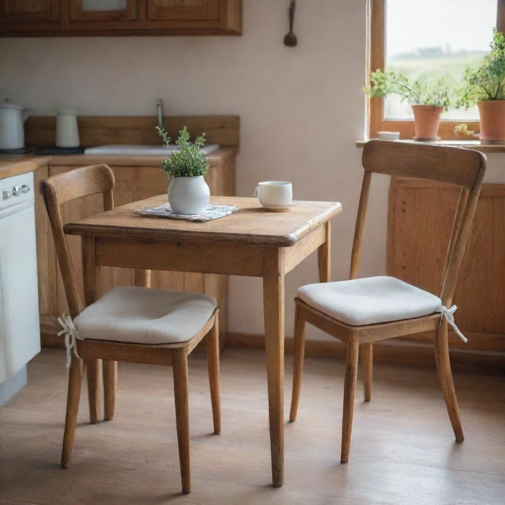 Two wooden dining chairs with foam cushions and ties, in a cosy, vintage kitchen setting with a natural ambiance.