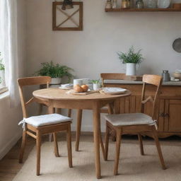 Two wooden dining chairs with foam cushions and ties, in a cosy, vintage kitchen setting with a natural ambiance.