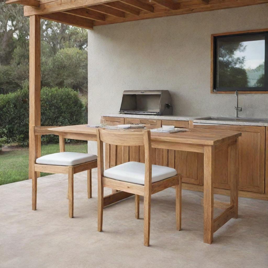 Two wooden dining chairs with foam cushions and ties, set within an open-concept outdoor kitchen setting.