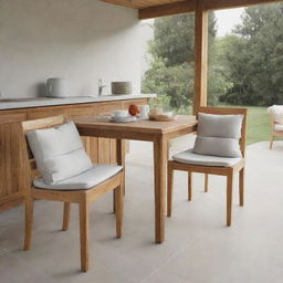 Two wooden dining chairs with foam cushions and ties, set within an open-concept outdoor kitchen setting.