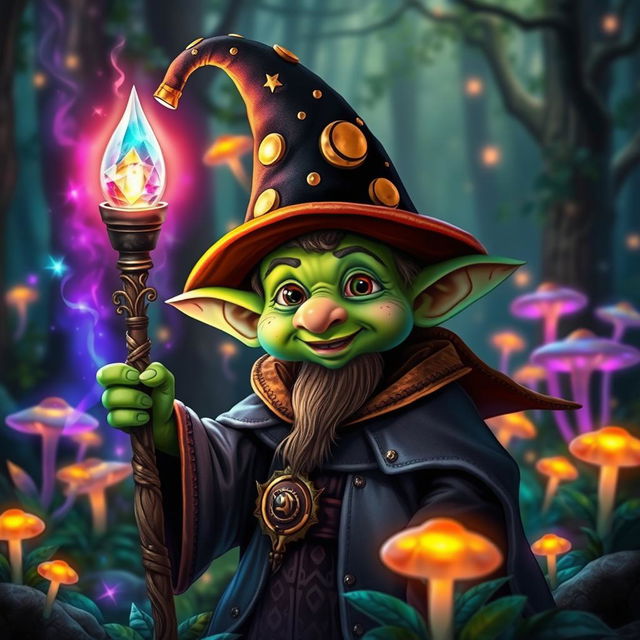 A whimsical goblin wizard with green skin, wearing a tall, pointed hat adorned with stars and moons