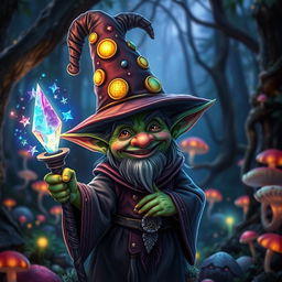 A whimsical goblin wizard with green skin, wearing a tall, pointed hat adorned with stars and moons