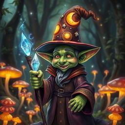 A whimsical goblin wizard with green skin, wearing a tall, pointed hat adorned with stars and moons