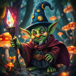 A whimsical goblin wizard with green skin, wearing a tall, pointed hat adorned with stars and moons