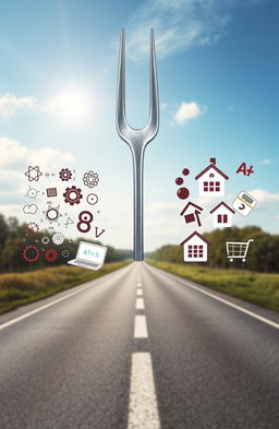 An artistic representation of a conceptual fork in the road, illustrating a split pathway