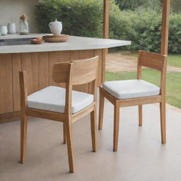 Two wooden dining chairs with foam cushions and ties, set within an open-concept outdoor kitchen setting.