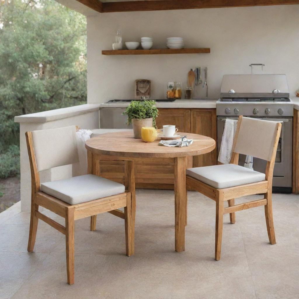 Two wooden dining chairs with foam cushions and ties, set within an open-concept outdoor kitchen setting.