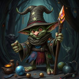 A mischievous goblin dressed as a wizard, wearing a tattered robe adorned with colorful patches and magical symbols