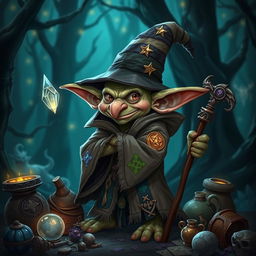 A mischievous goblin dressed as a wizard, wearing a tattered robe adorned with colorful patches and magical symbols