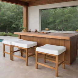 Backless wooden dining stools with foam cushions and ties, set within an open-concept outdoor kitchen setting.