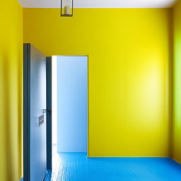 A 12x12 room with a single door and one side window. The front wall is painted in pure yellow, the remaining three walls are bright green, and the floor is clean blue.