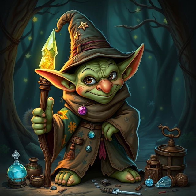 A mischievous goblin dressed as a wizard, wearing a tattered robe adorned with colorful patches and magical symbols