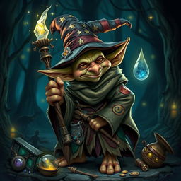 A mischievous goblin dressed as a wizard, wearing a tattered robe adorned with colorful patches and magical symbols