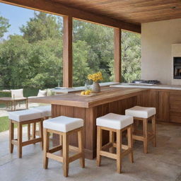Backless wooden dining stools with foam cushions and ties, set within an open-concept outdoor kitchen setting.