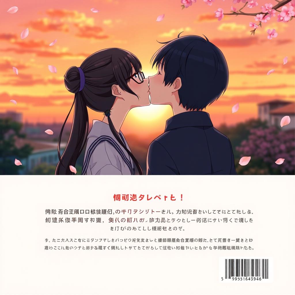 The back cover of an anime school love story, beautifully depicting a romantic scene where the female lead, a 12th grader with her long black hair tied back and wearing round glasses, kisses the male lead, a 10th grader with smooth black hair that lies flat