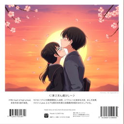 The back cover of an anime school love story, beautifully depicting a romantic scene where the female lead, a 12th grader with her long black hair tied back and wearing round glasses, kisses the male lead, a 10th grader with smooth black hair that lies flat