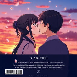 The back cover of an anime school love story, beautifully depicting a romantic scene where the female lead, a 12th grader with her long black hair tied back and wearing round glasses, kisses the male lead, a 10th grader with smooth black hair that lies flat