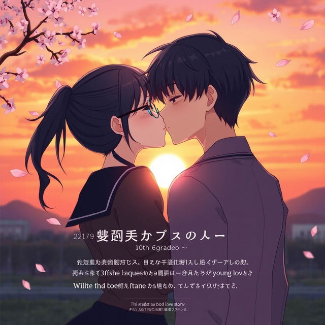 The back cover of an anime school love story, beautifully depicting a romantic scene where the female lead, a 12th grader with her long black hair tied back and wearing round glasses, kisses the male lead, a 10th grader with smooth black hair that lies flat