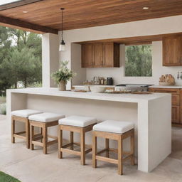 Backless wooden dining stools with foam cushions and ties, set within an open-concept outdoor kitchen setting.