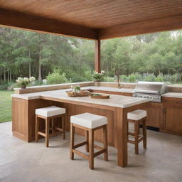 Backless wooden dining stools with foam cushions and ties, set within an open-concept outdoor kitchen setting.