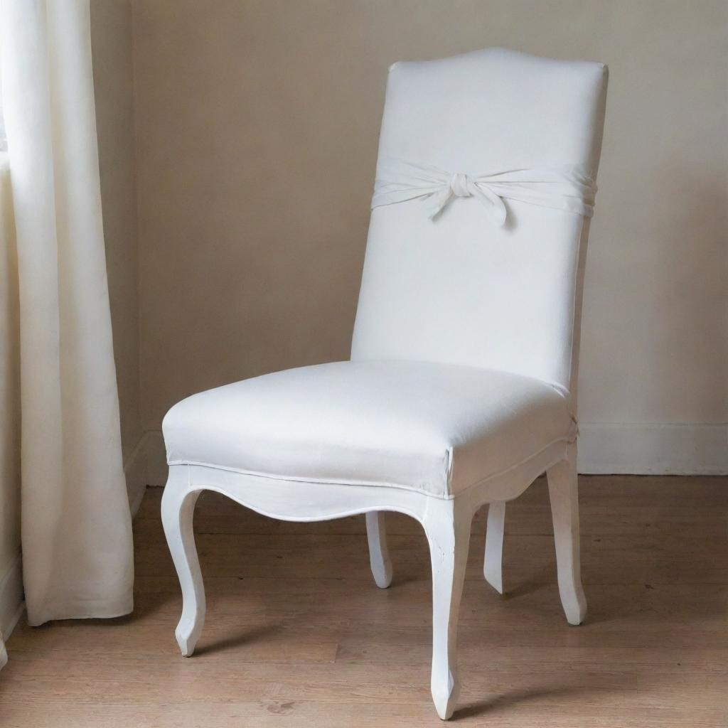 A vintage white dining chair, adorned with tied sashes adding to its elegance, the seat covered with a cushion of luxurious foam