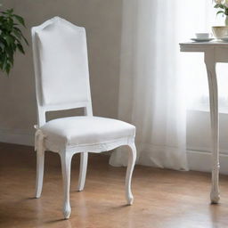 A vintage white dining chair, adorned with tied sashes adding to its elegance, the seat covered with a cushion of luxurious foam