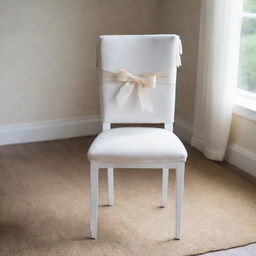 A vintage white dining chair, adorned with tied sashes adding to its elegance, the seat covered with a cushion of luxurious foam