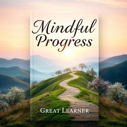 A captivating book cover for 'Mindful Progress' by Great Learner, featuring a serene landscape with a winding path leading towards a bright horizon, symbolizing personal development and mindfulness