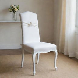 A vintage white dining chair, adorned with tied sashes adding to its elegance, the seat covered with a cushion of luxurious foam