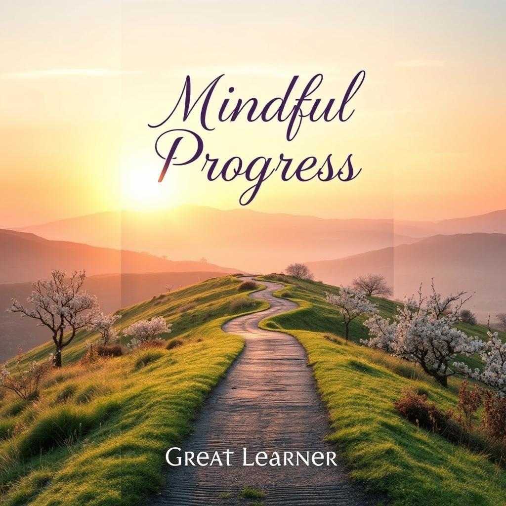 A captivating book cover for 'Mindful Progress' by Great Learner, featuring a serene landscape with a winding path leading towards a bright horizon, symbolizing personal development and mindfulness