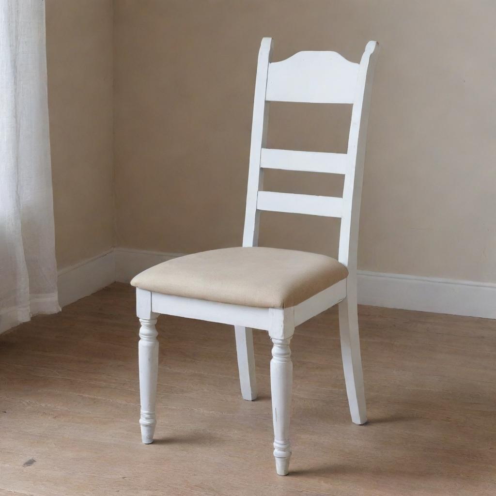 A wooden dining chair painted in a distressed white finish, with a separate foam cushion tied securely with elegant sashes.